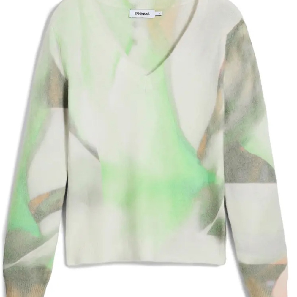 Desigual Abstract Green and White V-Neck Sweater - Picture 2 of 6